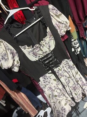 Floral Puff Sleeve Mini Dress with Corset Waist - Black & Cream